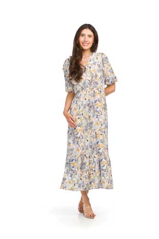 PD-16704 - FLORAL PRINT 3/4 SLEEVE MAXI DRESS WITH RUFFLE TRIM - Colors: AS SHOWN - Available Sizes:XS-XXL - Catalog Page:18 